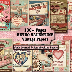 Puede incluir: Una colección de papeles vintage retro con temática de San Valentín. Los papeles presentan ilustraciones de máquinas de discos, parejas, coches y refresquerías en una paleta de colores rosa, rojo y verde azulado. El texto incluye "Valentine's Day", "Sweetheart" y "100+ Pages".