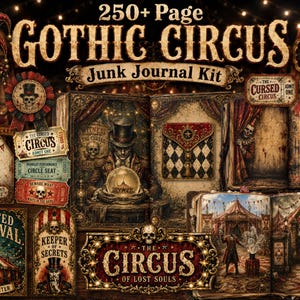 Op de afbeelding: Een Gothic Circus junk journal kit met meer dan 250 pagina's en 800 ephemera-stukken. De collectie bevat circusafbeeldingen in vintage-stijl, schedelmotieven, toegangskaartjes en open boeken met donkere, sierlijke illustraties van clowns.