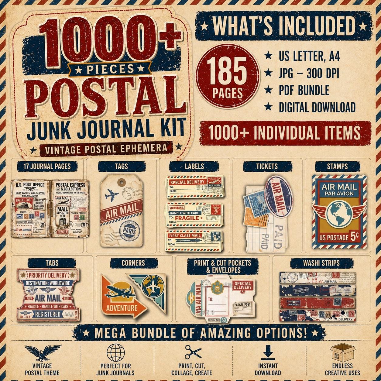Vintage Postal Junk Journal Kit, 1000+ Printable Ephemera Bundle, Air ...