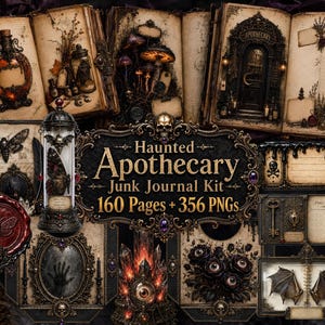May include: A Haunted Apothecary junk journal kit featuring 160 pages and 356 PNGs. The collection includes illustrations of vintage books, potion bottles, mushrooms, a moth, a wax seal, a key, bat wings, and dark floral motifs with skulls.