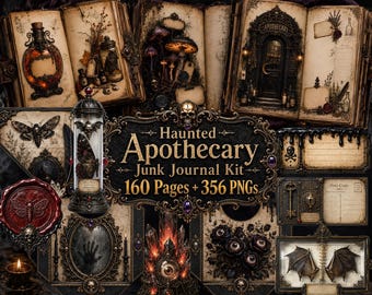 Haunted Apothecary Junk Journal Kit, 160 Pages, 350 PNG Gothic Halloween Ephemera, Witch Potion & Poison Labels, Occult Book of Shadows