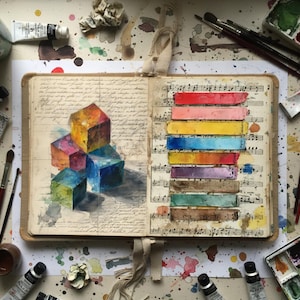May include: An open sketchbook with watercolor paintings of colorful cubes and horizontal color swatches. The pages are set against a backdrop of paint tubes, brushes, and palettes, creating an artistic and creative theme.