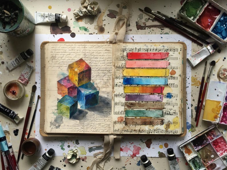 May include: An open sketchbook with watercolor paintings of colorful cubes and horizontal color swatches. The pages are set against a backdrop of paint tubes, brushes, and palettes, creating an artistic and creative theme.