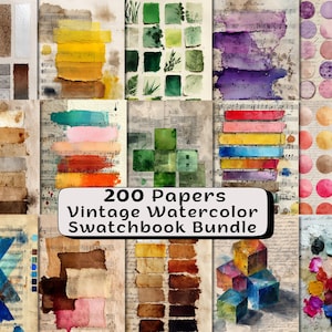 May include: A collection of watercolor swatches in various colors and textures. The image features a variety of artistic papers with paint strokes, color blocks, and abstract designs. The text "200 Papers Vintage Watercolor Swatchbook Bundle" is displayed.
