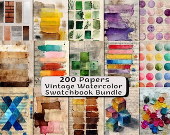 200 Vintage Watercolor Swatchbook Digital Papers Paint Swatches, Ephemera Collage Backgrounds Junk Journals & Scrapbooking Printable Pages