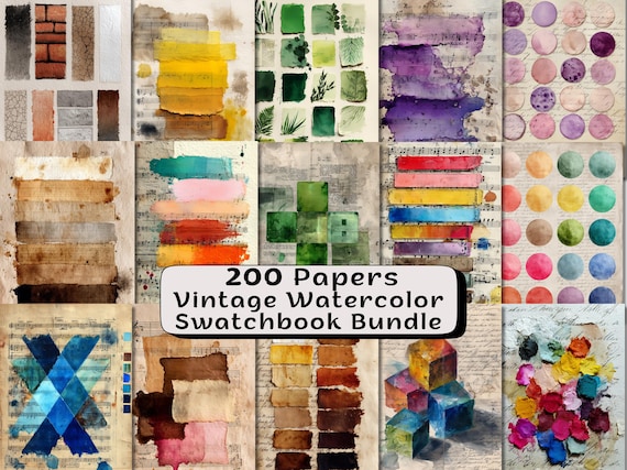 200 Vintage Watercolor Swatchbook Digital Papers Paint Swatches, Ephemera Collage Backgrounds Junk Journals & Scrapbooking Printable Pages