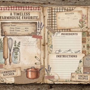 May include: A vintage recipe journal with the text "A Timeless Farmhouse Favorite." The journal features recipe cards, ingredient lists, and instructions. Decorative elements include a rolling pin, whisk, and a copper pot.