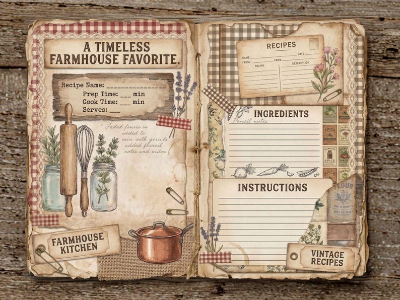 May include: A vintage recipe journal with the text "A Timeless Farmhouse Favorite." The journal features recipe cards, ingredient lists, and instructions. Decorative elements include a rolling pin, whisk, and a copper pot.