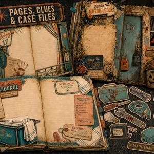May include: A collection of three open scrapbooks featuring vintage motel themes with aged paper, blue doors, and room keys. Included are die-cut ephemera pieces like a toolbox, flashlight, wrench, and maintenance tags with text like Pages, Clues & Case Files.