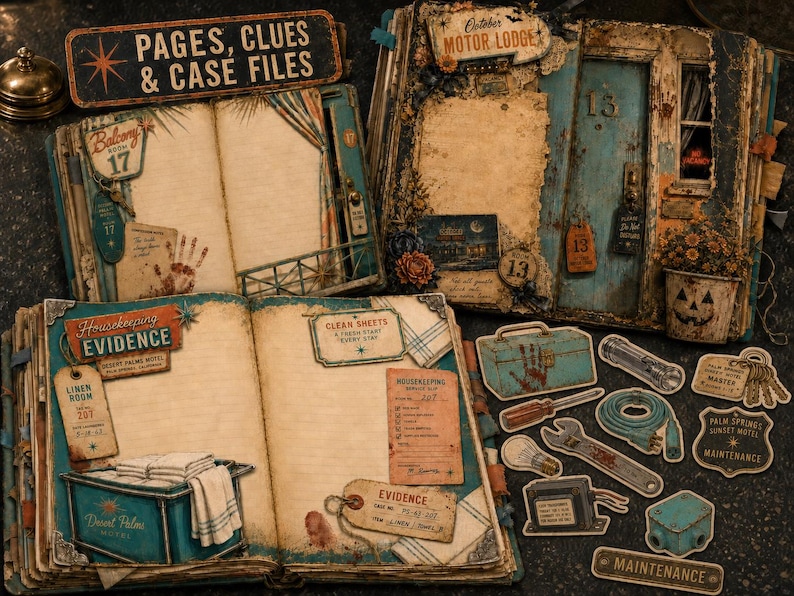May include: A collection of three open scrapbooks featuring vintage motel themes with aged paper, blue doors, and room keys. Included are die-cut ephemera pieces like a toolbox, flashlight, wrench, and maintenance tags with text like Pages, Clues & Case Files.