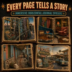 May include: A collection of four open books displaying horizontal journal spreads with the title Every Page Tells A Story Immersive Horizontal Journal Spreads. The pages feature detailed illustrations of a construction site, a vintage lounge, a motel hallway, and a motel exterior with a car and a sign reading October Motor Lodge Vacancy.