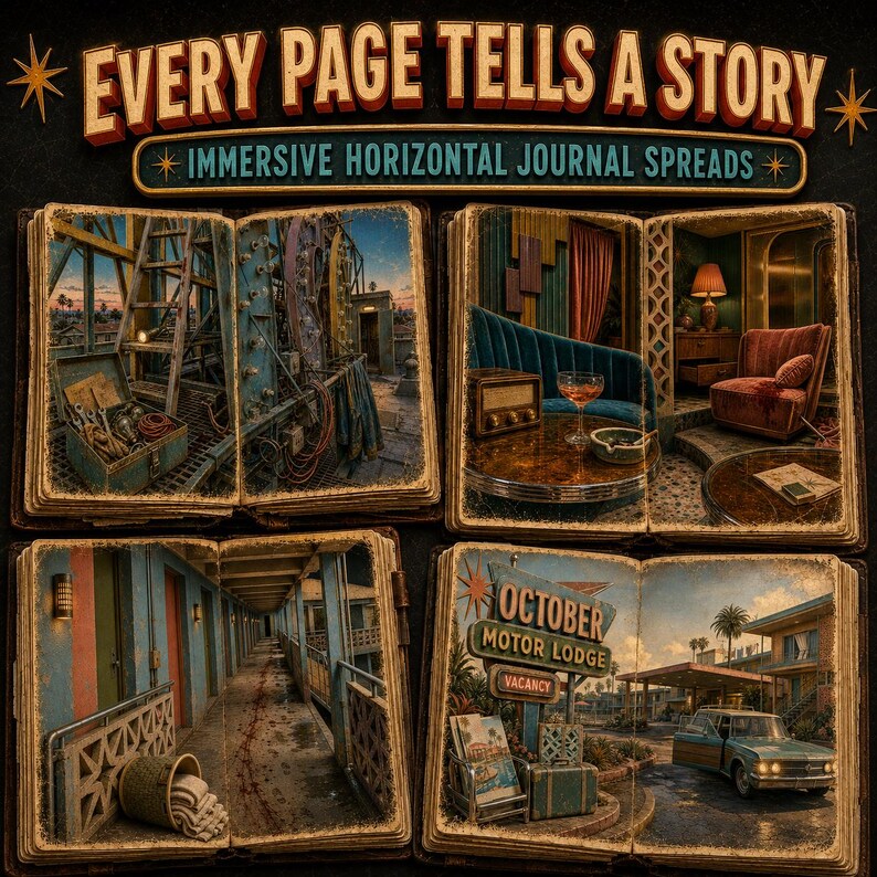May include: A collection of four open books displaying horizontal journal spreads with the title Every Page Tells A Story Immersive Horizontal Journal Spreads. The pages feature detailed illustrations of a construction site, a vintage lounge, a motel hallway, and a motel exterior with a car and a sign reading October Motor Lodge Vacancy.