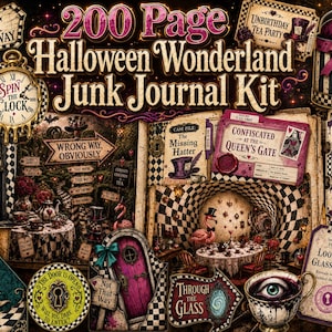 May include: A 200-page Halloween Wonderland junk journal kit featuring various paper ephemera, including signs reading Not That Way, Do Not Open, Wrong Way, Obviously, and Confiscated at the Queen's Gate, alongside clock, door, and tea party imagery.