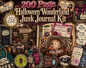 Halloween Wonderland Junk Journal Kit, 200 Pages Mad Hatter Tea Party, Gothic Dark Ephemera Bundle, Printable Digital Download PDF JPG