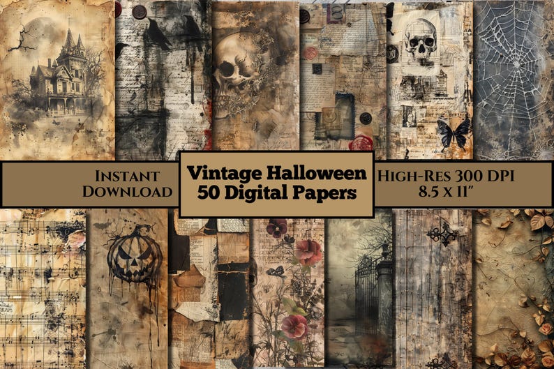 Haunted Paper Vector Vintage Halloween 50 Papers MINI. Spooky Gothic Junk Journal Crafting ...