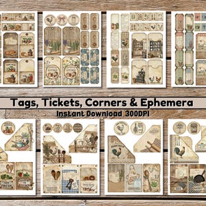 May include: Printable tags, tickets, corners, and ephemera with a rustic, vintage farmhouse theme. Designs feature roosters, kitchen utensils, and floral elements in a neutral palette. The text "Tags, Tickets, Corners & Ephemera" is displayed.