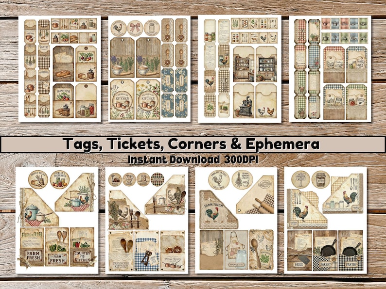 May include: Printable tags, tickets, corners, and ephemera with a rustic, vintage farmhouse theme. Designs feature roosters, kitchen utensils, and floral elements in a neutral palette. The text "Tags, Tickets, Corners & Ephemera" is displayed.