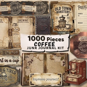 May include: A vintage-style coffee-themed junk journal kit with various elements. Includes paper ephemera, labels, postcards, and a coffee machine illustration. The kit features the text "1000 Pieces Coffee Junk Journal Kit".
