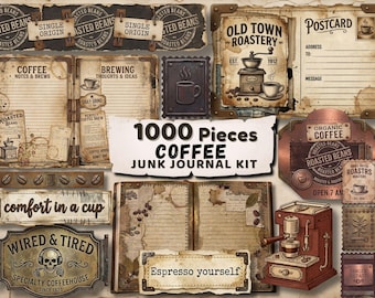 Kit per diario creativo a tema caffè con oltre 1000 pezzi, pacchetto di immagini PNG di caffetterie vintage, pagine di diario stampabili, kit per scrapbooking, carte per amanti del caffè.