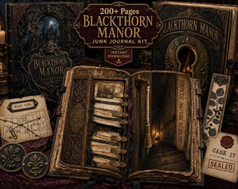 Victorian Junk Journal Kit, Blackthorn Manor Mystery 253 Printable Pages, Gothic Halloween Ephemera, Case Files, Tags, Pockets