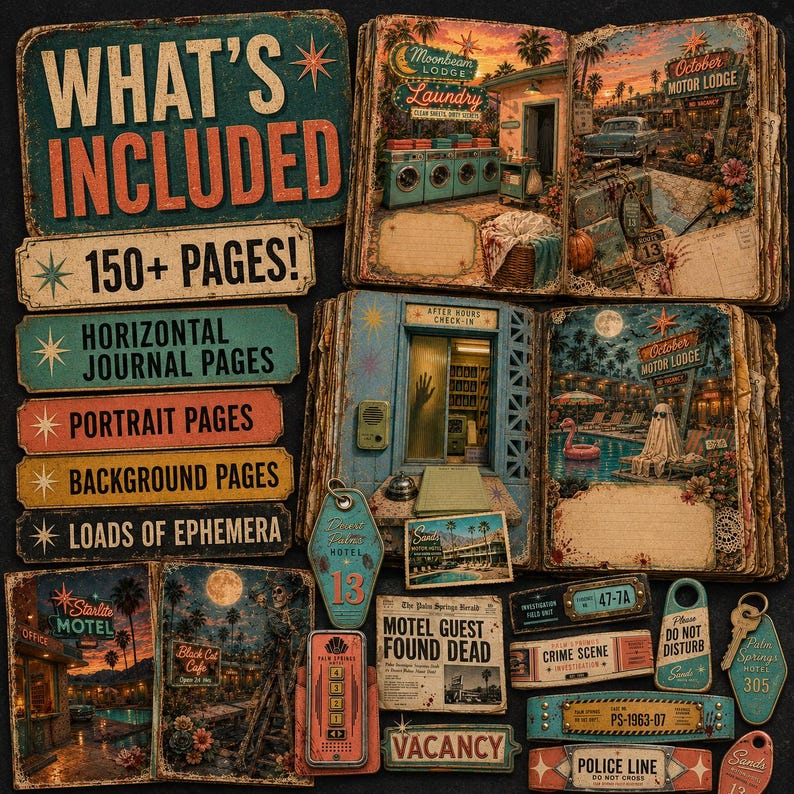 May include: A digital scrapbooking kit featuring vintage motel-themed journal pages, ephemera, and tags. The collection includes text-heavy signs reading WHAT'S INCLUDED, 150+ PAGES, and various motel-inspired graphics like room keys, crime scene tape, and open books displaying retro motel scenes.