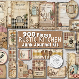 May include: A selection of rustic kitchen-themed junk journal kit pieces. The kit includes recipe cards, pantry notes, and decorative elements with vintage designs, featuring gingham patterns, rooster illustrations, and the text "900 Pieces Rustic Kitchen Junk Journal Kit."