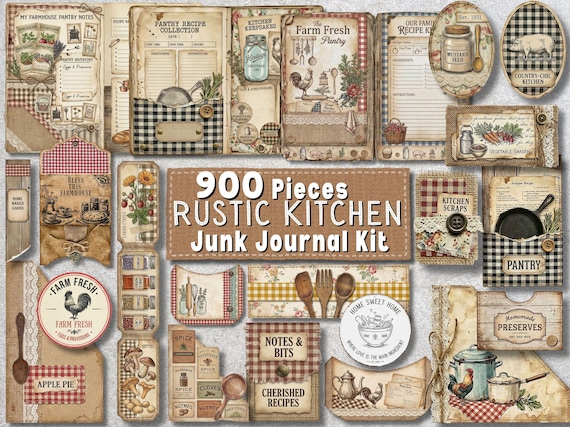 Rustic Farmhouse Kitchen Junk Journal Kit 900+ Ephemera Pack Vintage Recipe Journal Pages Cooking Baking Scrapbook Papers