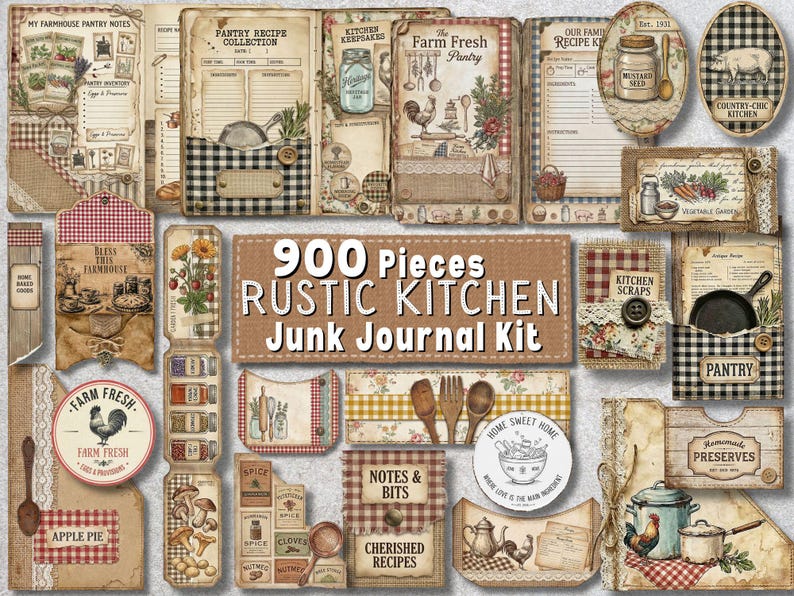 Rustic kitchen junk journal kit printable 900 pieces vintage ephemera recipe scrapbook papers bundle