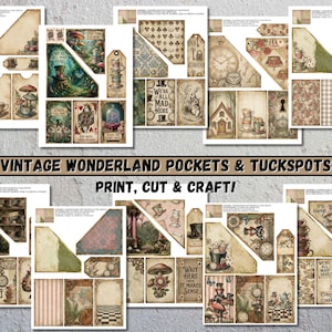 A selection of printable paper ephemera with an Alice in Wonderland theme. The set includes pockets, tuckspots, tags, and decorative elements with clocks, mushrooms, and quotes. The text on the image reads "Vintage Wonderland Pockets & Tuckspots Print, Cut & Craft!"