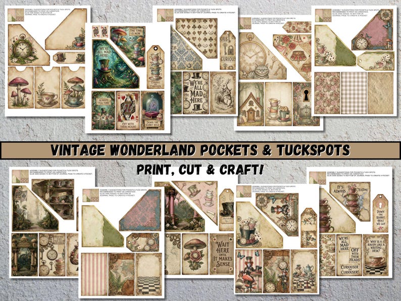 A selection of printable paper ephemera with an Alice in Wonderland theme. The set includes pockets, tuckspots, tags, and decorative elements with clocks, mushrooms, and quotes. The text on the image reads "Vintage Wonderland Pockets & Tuckspots Print, Cut & Craft!"