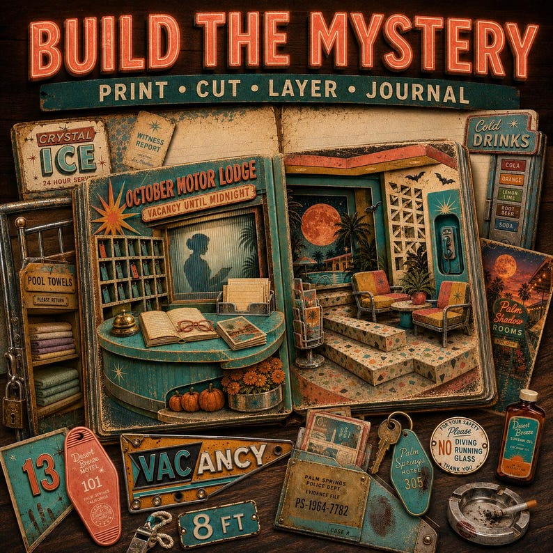 May include: A collection of paper craft elements featuring a Build the Mystery journal kit. Includes a motel lobby scene, vintage signs for October Motor Lodge, Palm Shadow Rooms, and Vacancy, plus key tags, a witness report, and a small glass bottle.