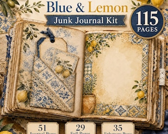 Mediterranean Blue Lemon Junk Journal Kit, Printable Digital Journal Pages, Ephemera, Italian Summer Scrapbook