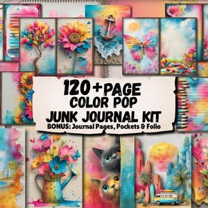 Colorful Junk Journal Kit Mega Bundle 120+ Pages, Ephemera, Pockets, Folio, Journal Pages, Scrapbook Papers Digital Download