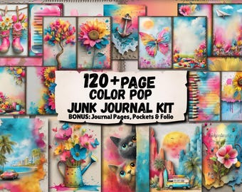 Colorful Junk Journal Kit Mega Bundle 120+ Pages, Ephemera, Pockets, Folio, Journal Pages, Scrapbook Papers Digital Download