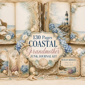 Può includere: Un kit di diario spazzatura a tema costiero con 130 pagine. Il kit include un diario con scene di spiaggia, tag e un biglietto che dice "Ocean Breeze, Salty Air & Sandy Hair". Il design presenta conchiglie, ortensie e pizzo.