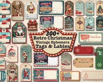May include: A collection of vintage Christmas ephemera, including tags and labels. Designs feature Santa Claus, reindeer, retro cars, and holiday scenes. The text reads "300+ Retro Christmas Vintage Ephemera Tags & Labels."