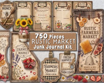 Kit di junk journal rustico a tema mercato contadino, oltre 750 pezzi, materiale vintage da fattoria, pagine di diario stampabili, scrapbooking in stile cottagecore, immagini PNG e JPG in stile rustico.