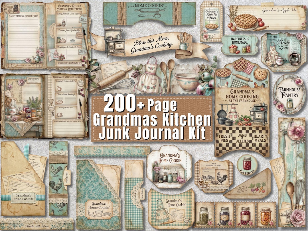 Grandma's Kitchen Printable Junk Journal Kit Rustic Recipe Journal ...