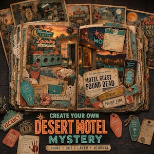 May include: An open scrapbook featuring a desert motel theme with vintage-style ephemera, including motel key tags, a newspaper clipping titled Motel Guest Found Dead, a telephone message slip, and police line tape, all layered with lace and floral accents.