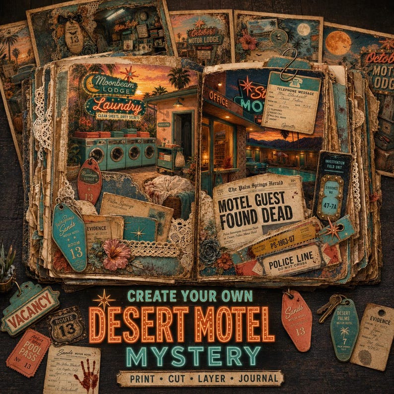 May include: An open scrapbook featuring a desert motel theme with vintage-style ephemera, including motel key tags, a newspaper clipping titled Motel Guest Found Dead, a telephone message slip, and police line tape, all layered with lace and floral accents.