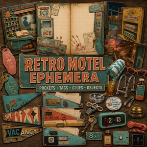 May include: A collection of retro motel-themed ephemera including a large sign reading RETRO MOTEL EPHEMERA, various triangular pennants, room keys, a digital clock showing 2:13, a pool towel, sunglasses, a bell, and assorted vintage-style paper items.