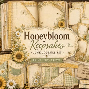 May include: A selection of vintage-style paper ephemera and journal pages. The design incorporates sunflowers, daisies, and bee motifs, with a colour palette of yellow, cream, and green. The text "Honeybloom Keepsakes" is displayed, along with "Junk Journal Kit".