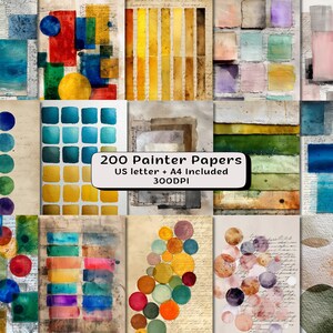 May include: A collection of watercolor painter papers with various abstract designs. The papers feature colorful geometric shapes, stripes, and circles in shades of blue, yellow, red, and green. The text "200 Painter Papers" is included.