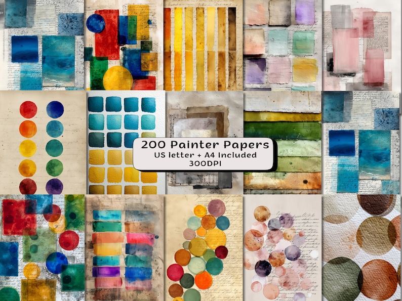 May include: A collection of watercolor painter papers with various abstract designs. The papers feature colorful geometric shapes, stripes, and circles in shades of blue, yellow, red, and green. The text "200 Painter Papers" is included.
