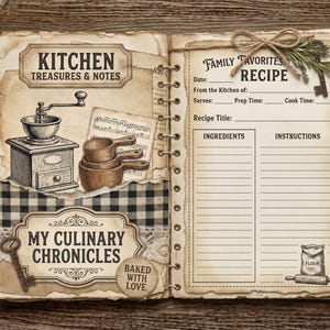 May include: A vintage-style open cookbook with a rustic design. The left page features a coffee grinder illustration, measuring cups, and the text "Kitchen Treasures & Notes." The right page has recipe fields.