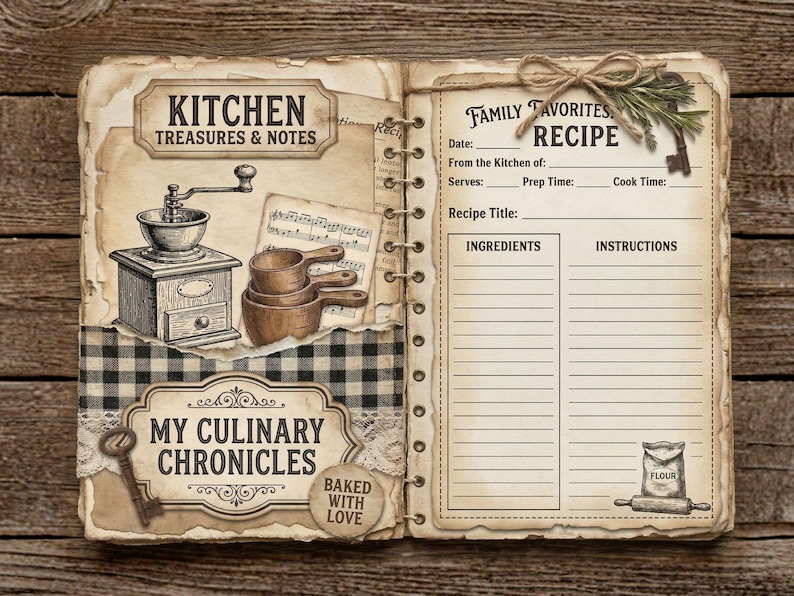 May include: A vintage-style open cookbook with a rustic design. The left page features a coffee grinder illustration, measuring cups, and the text "Kitchen Treasures & Notes." The right page has recipe fields.