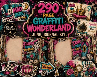 Colorful Wonderland Junk Journal Kit, Printable Ephemera Mega Bundle, Mad Hatter Tea Party Digital Paper, Whimsical Scrapbook Pages JPG PDF