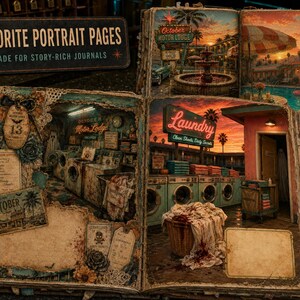 May include: An open journal titled Favorite Portrait Pages Made for Story-Rich Journals, featuring detailed illustrations of a vintage motel laundry room with neon signs, washing machines, a laundry basket, and aged paper ephemera with October themes.