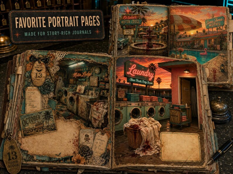 May include: An open journal titled Favorite Portrait Pages Made for Story-Rich Journals, featuring detailed illustrations of a vintage motel laundry room with neon signs, washing machines, a laundry basket, and aged paper ephemera with October themes.
