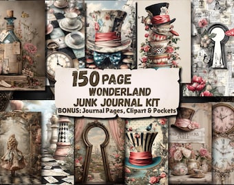Kit per junk journal a tema Alice nel Paese delle Meraviglie, 150 pagine stampabili, pacchetto di elementi decorativi a tema Paese delle Meraviglie, carte digitali per scrapbooking, tasche, formato US Letter A4 A5